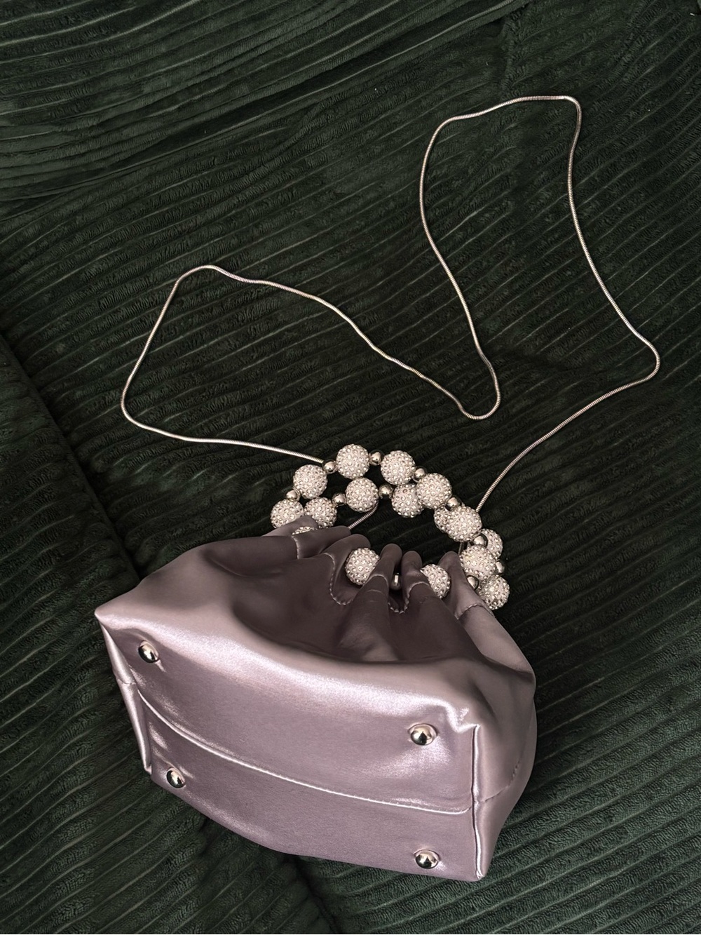 Elegant Silver Satin Beaded Handle Women's Evening Bag